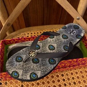 Tory Burch Peacock Print Flip Flops